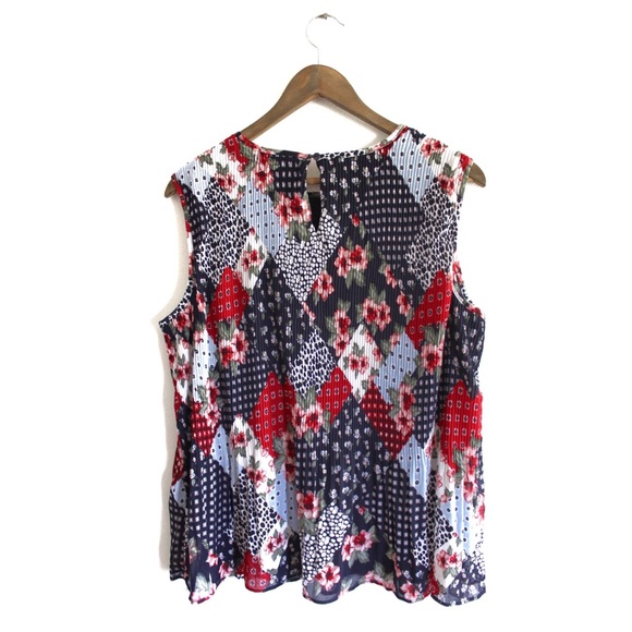 Suzy Shier Multi Pattern Patchwork Pleated Sleeveless Top Large Preowned - Picture 6 of 9